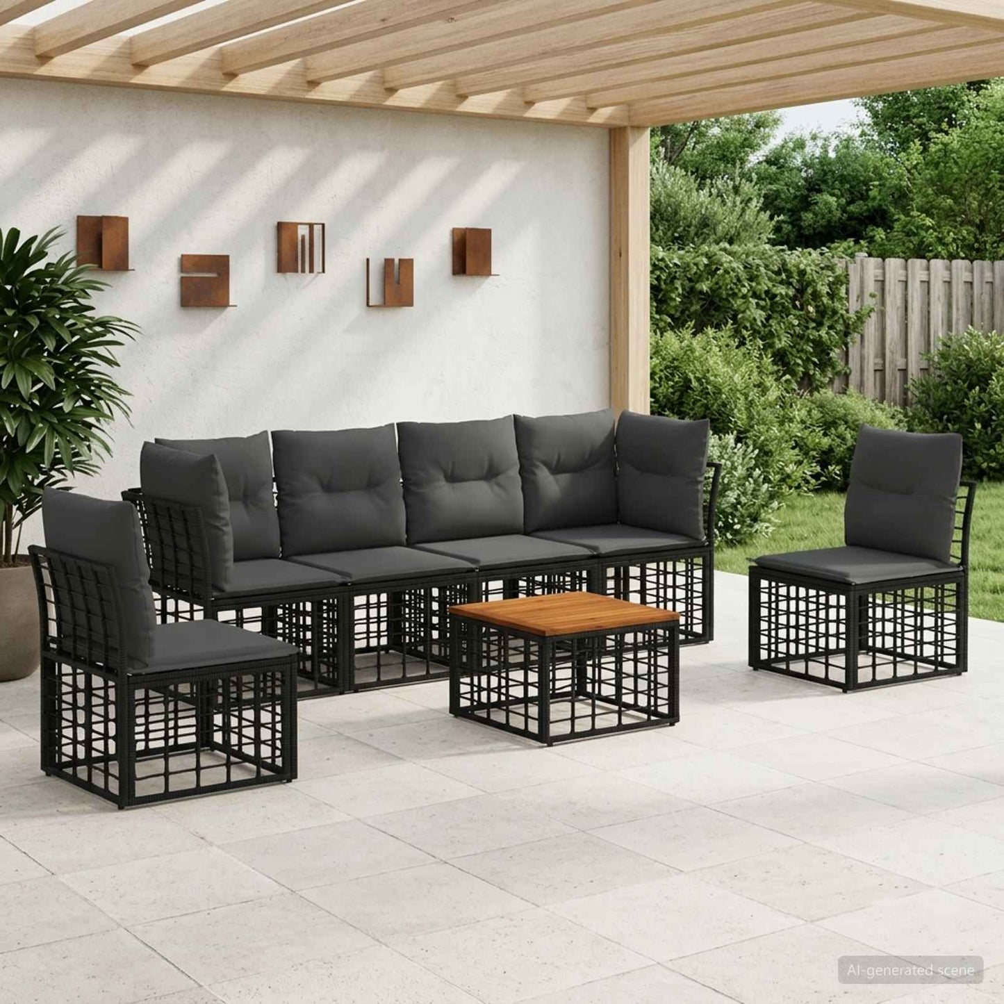 Outdoor-Sofagarnitur 7 stk. Schwarz und Dunkelgrau Polyester