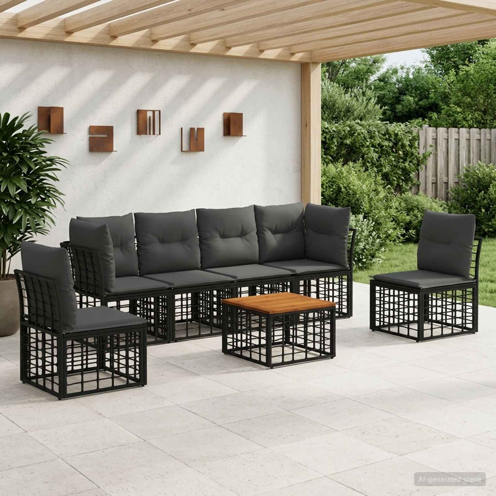 Outdoor-Sofagarnitur 7 stk. Schwarz und Dunkelgrau Polyester