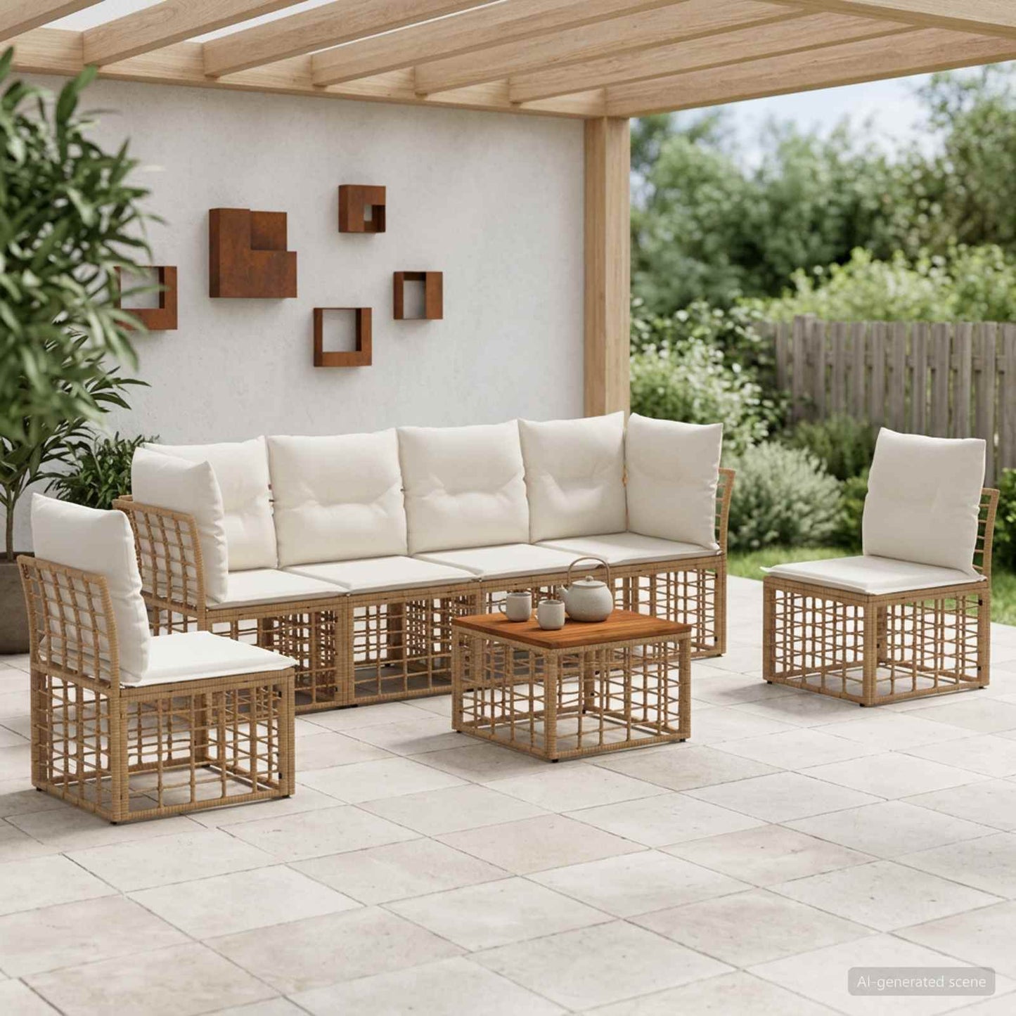Outdoor-Sofagarnitur 7 pcs Natürlich und Cremweiß Polyester