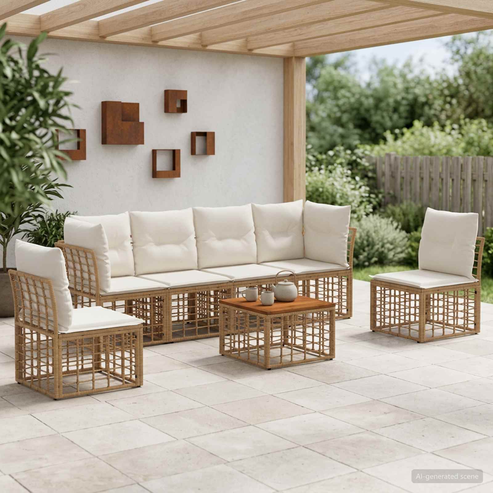 Outdoor-Sofagarnitur 7 pcs Natürlich und Cremweiß Polyester