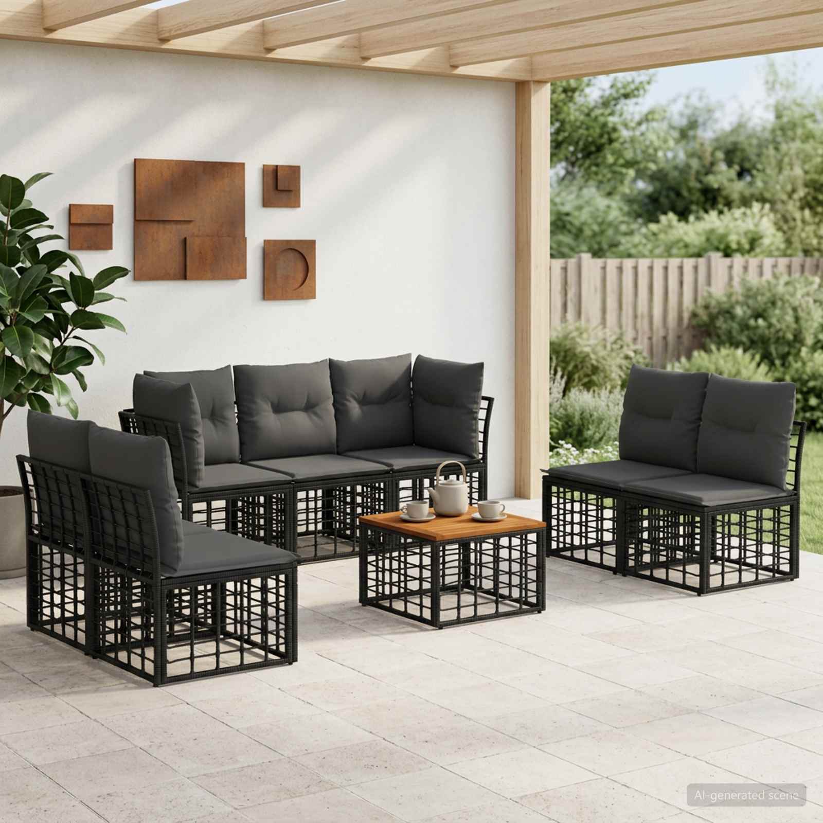 Outdoor-Sofagarnitur 8 stk. Schwarz und Dunkelgrau Polyester