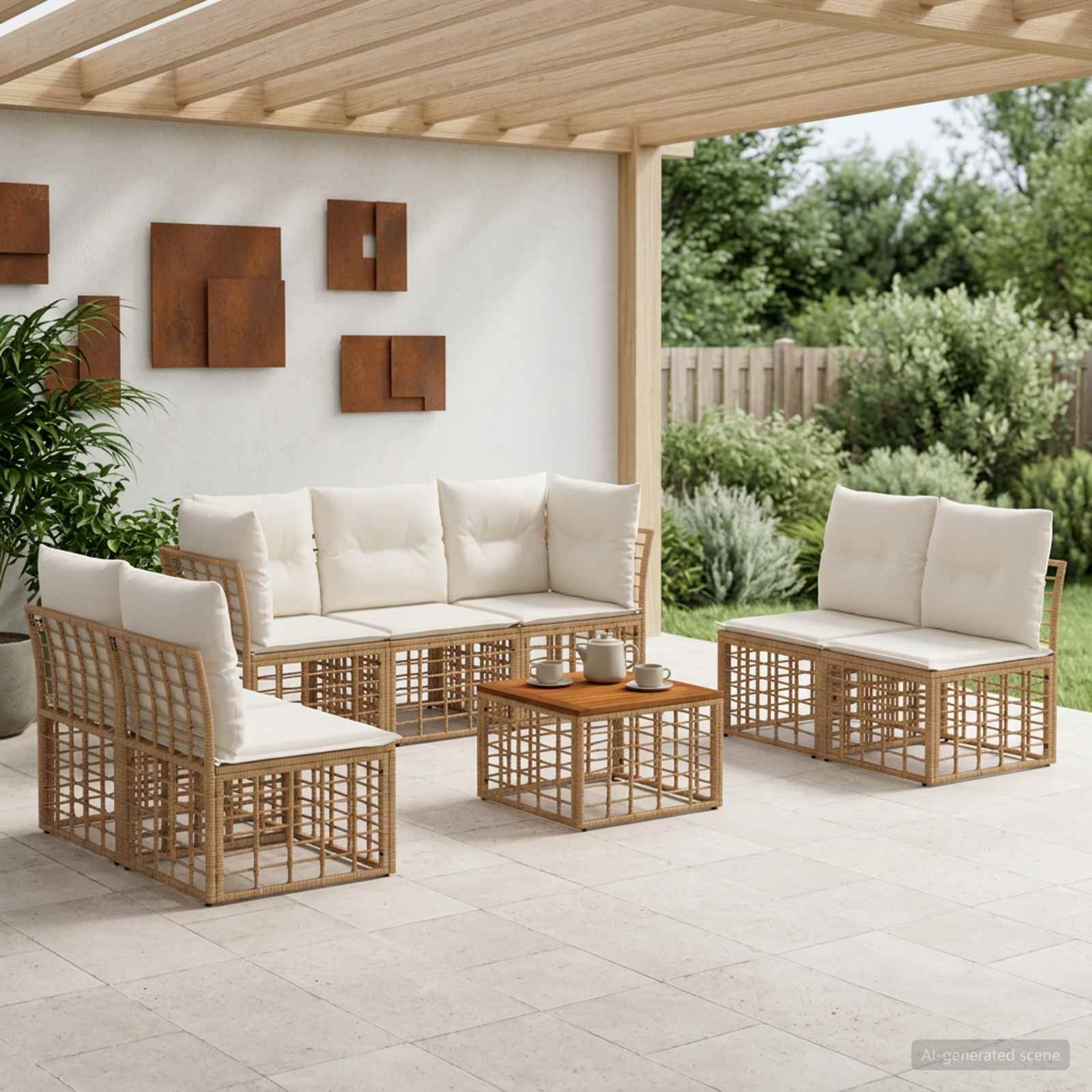 Outdoor-Sofagarnitur 8 pcs Natürlich und Cremweiß Polyester