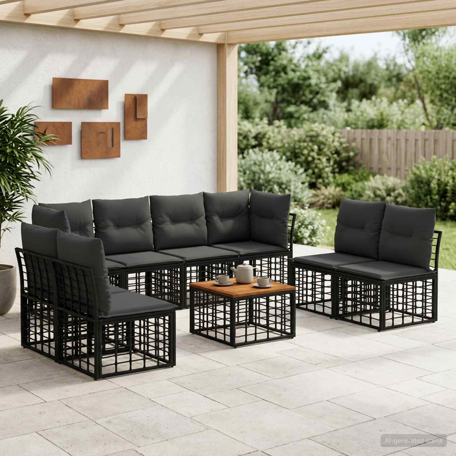 Outdoor-Sofagarnitur 9 pcs Schwarz und Dunkelgrau Polyester