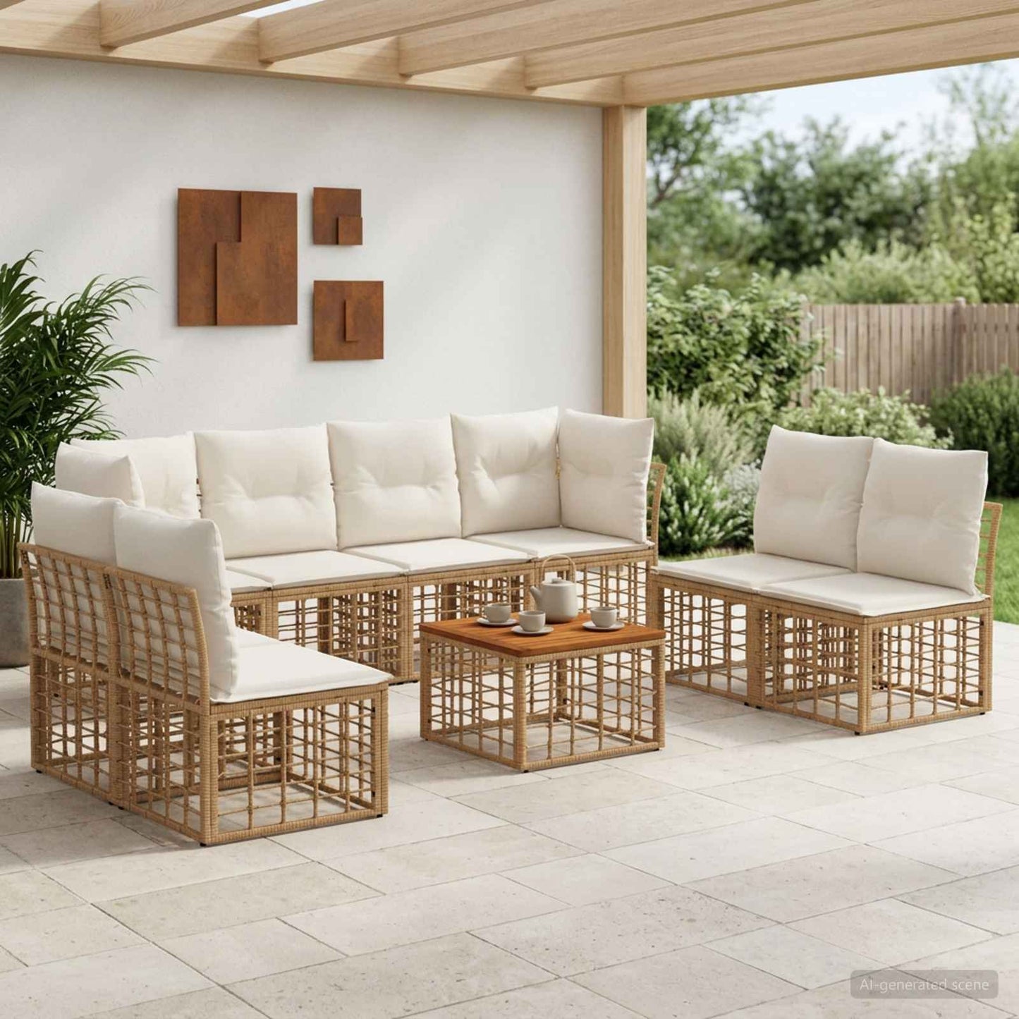 Outdoor-Sofagarnitur 9 pcs Natürlich und Cremweiß Polyester