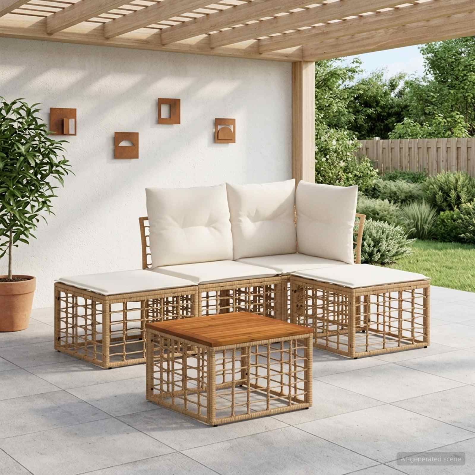 Outdoor-Sofagarnitur 5 pcs Natürlich und Cremweiß Polyester
