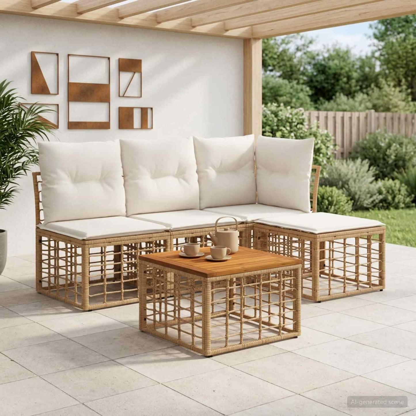 Outdoor-Sofagarnitur 5 pcs Natürlich und Cremweiß Polyester