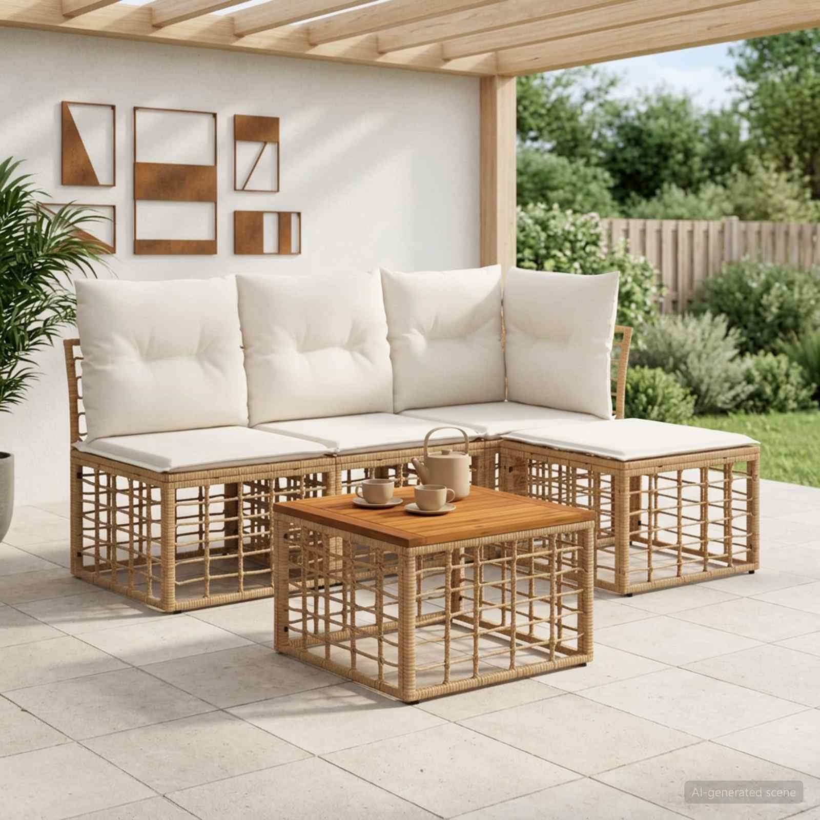 Outdoor-Sofagarnitur 5 pcs Natürlich und Cremweiß Polyester