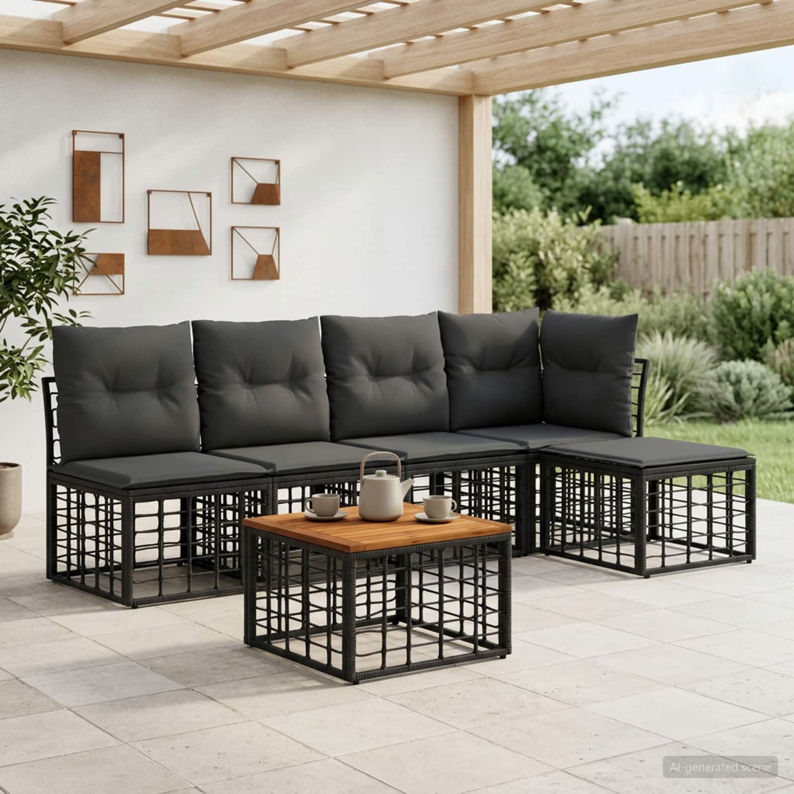 Outdoor-Sofagarnitur 6 stk. Schwarz und Dunkelgrau Polyester