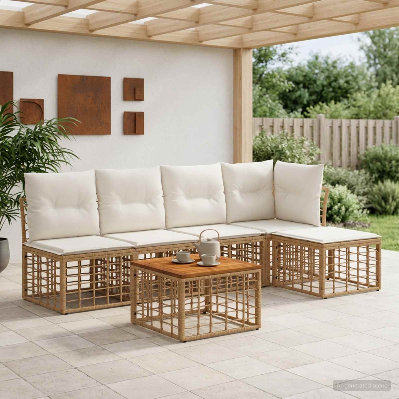 Outdoor-Sofagarnitur 6 pcs Natürlich und Cremweiß Polyester