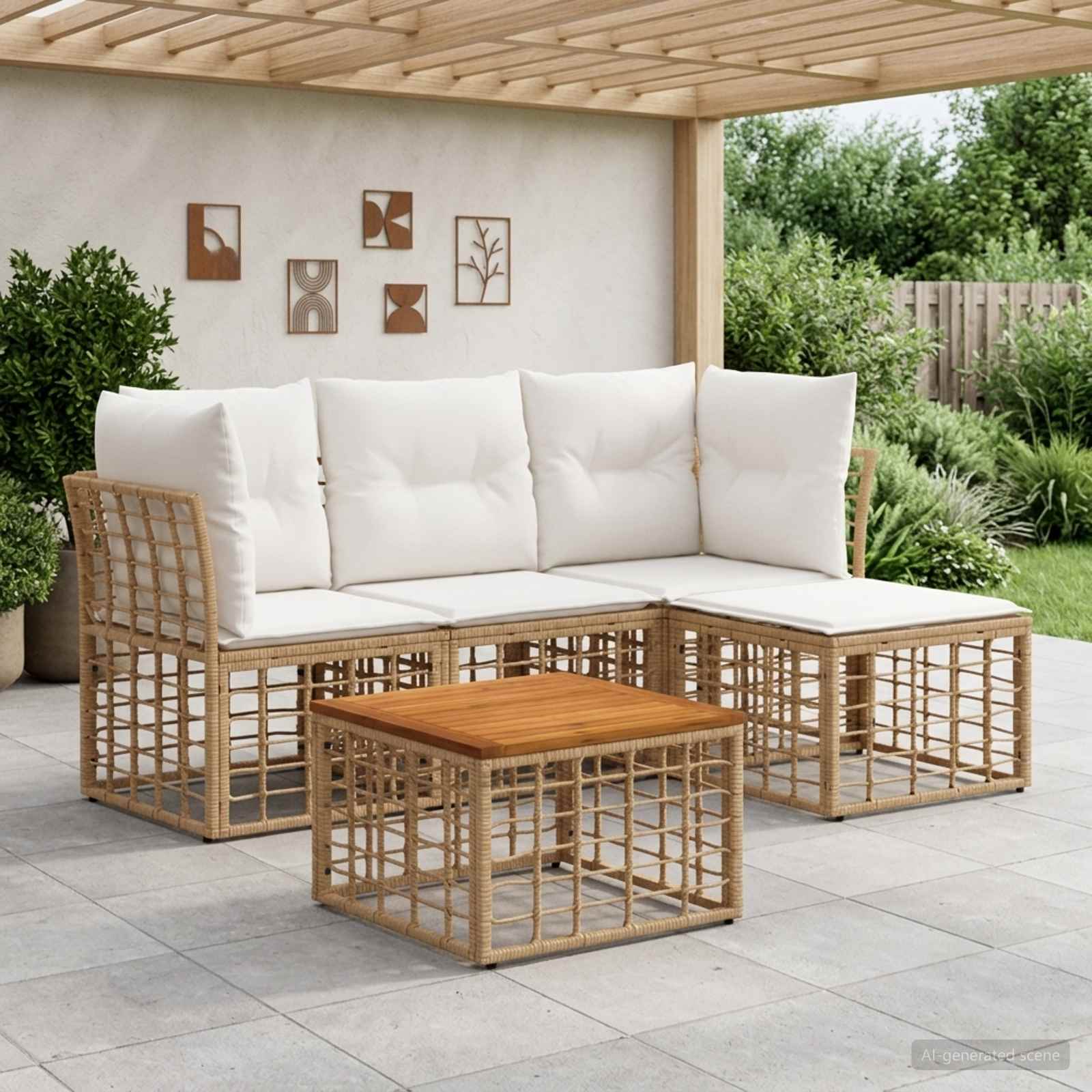 Outdoor-Sofagarnitur 5 pcs Natürlich und Cremweiß Polyester