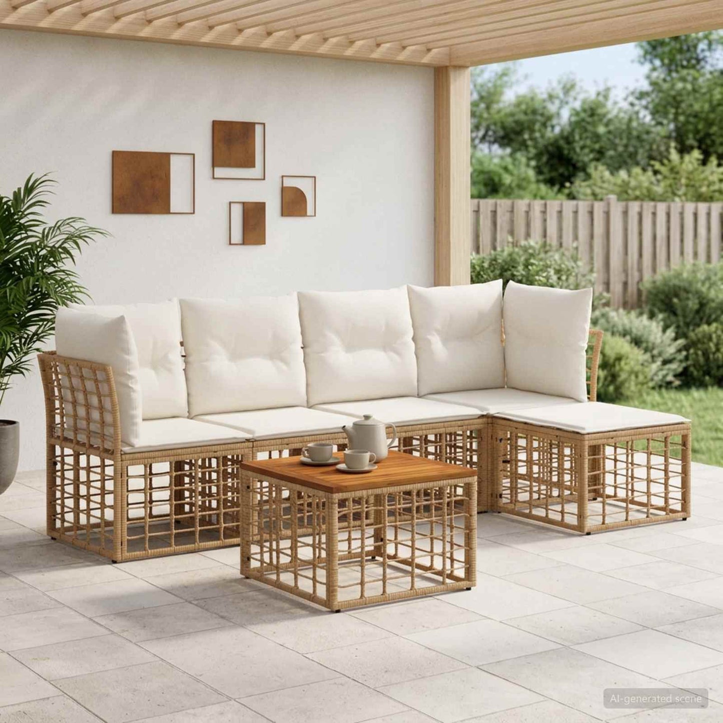 Outdoor-Sofagarnitur 6 pcs Natürlich und Cremweiß Polyester