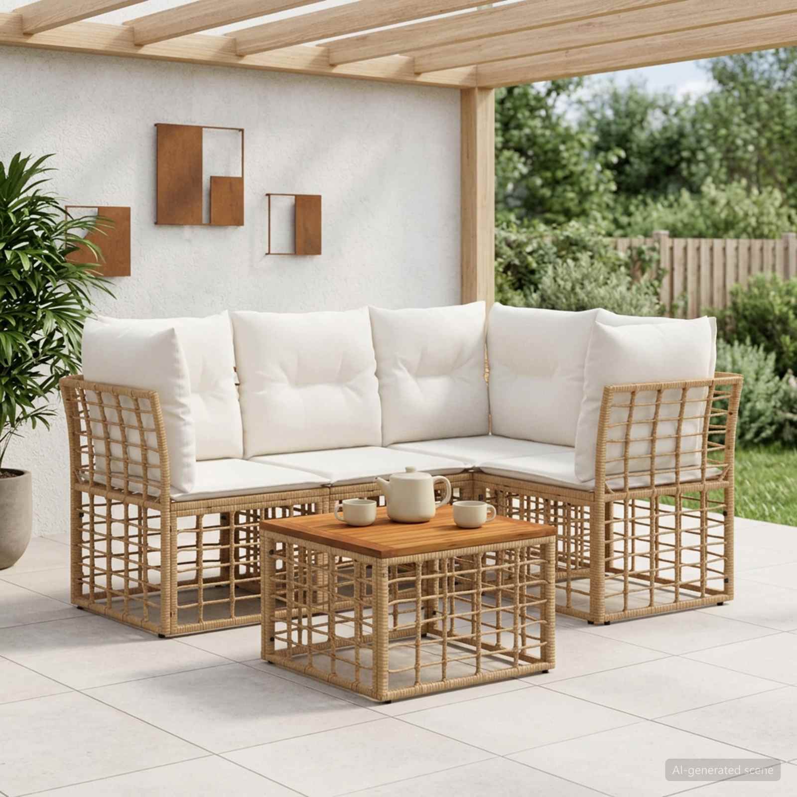 Outdoor-Sofagarnitur 5 pcs Natürlich und Cremweiß Polyester
