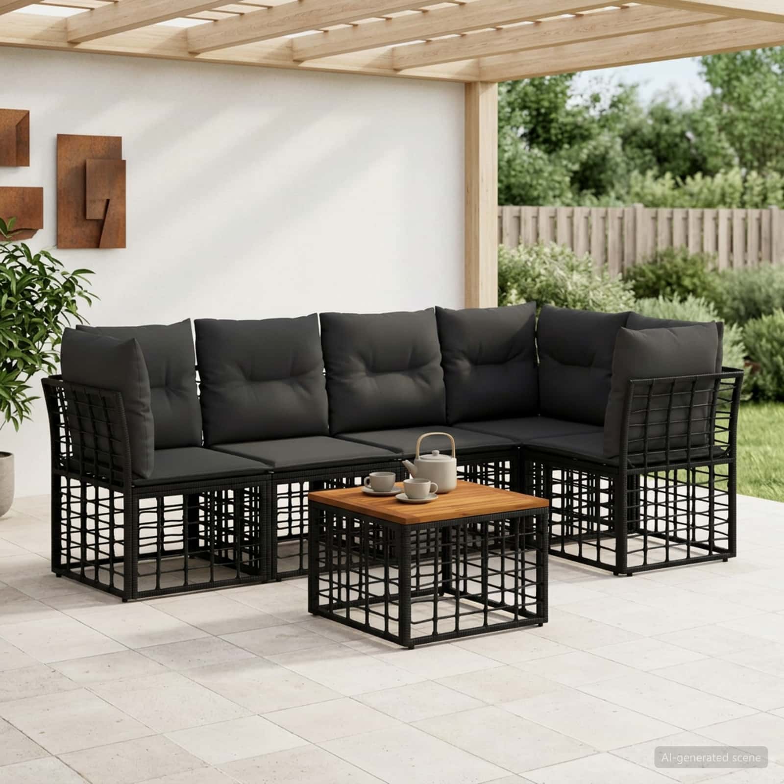 Outdoor-Sofagarnitur 6 stk. Schwarz und Dunkelgrau Polyester