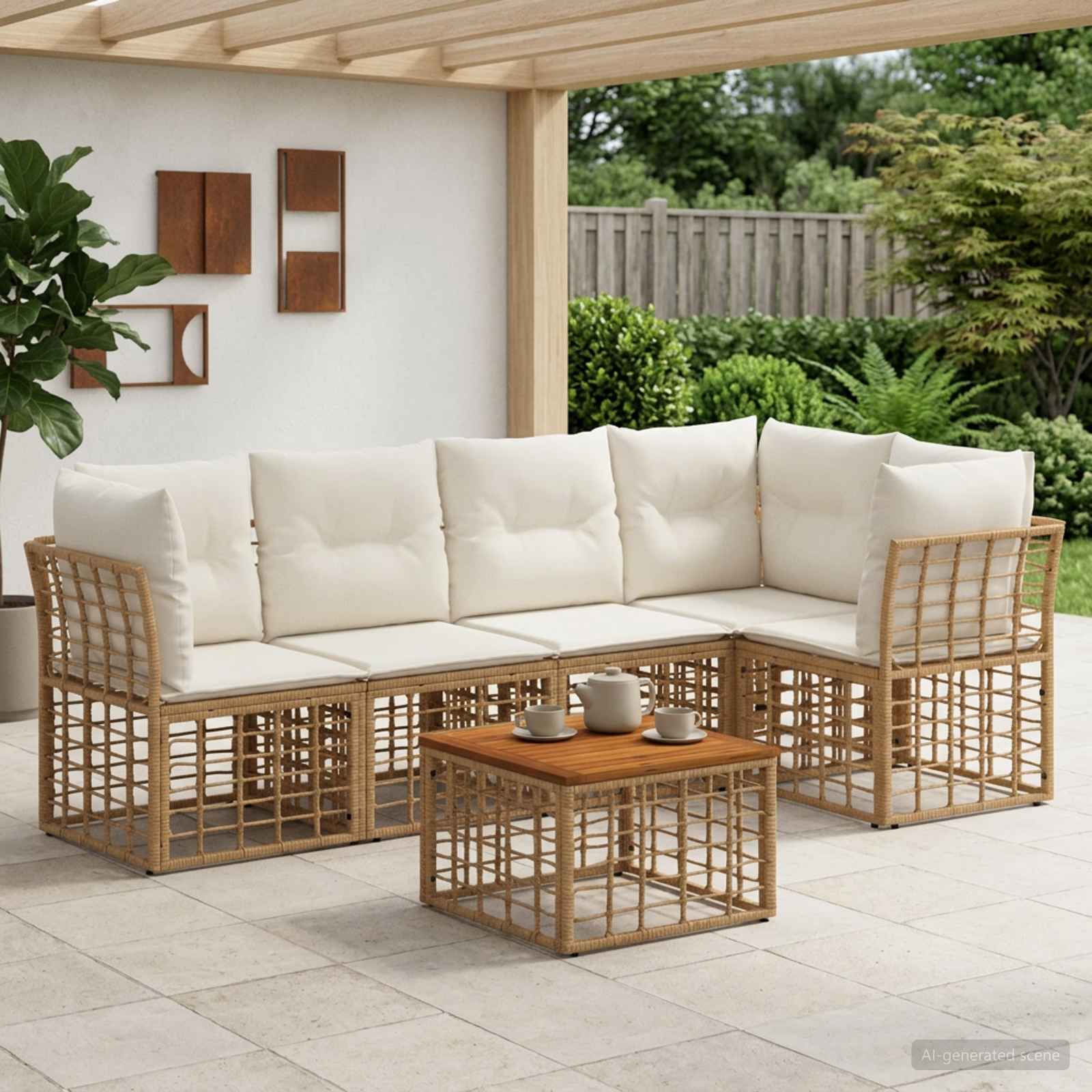 Outdoor-Sofagarnitur 6 pcs Natürlich und Cremweiß Polyester