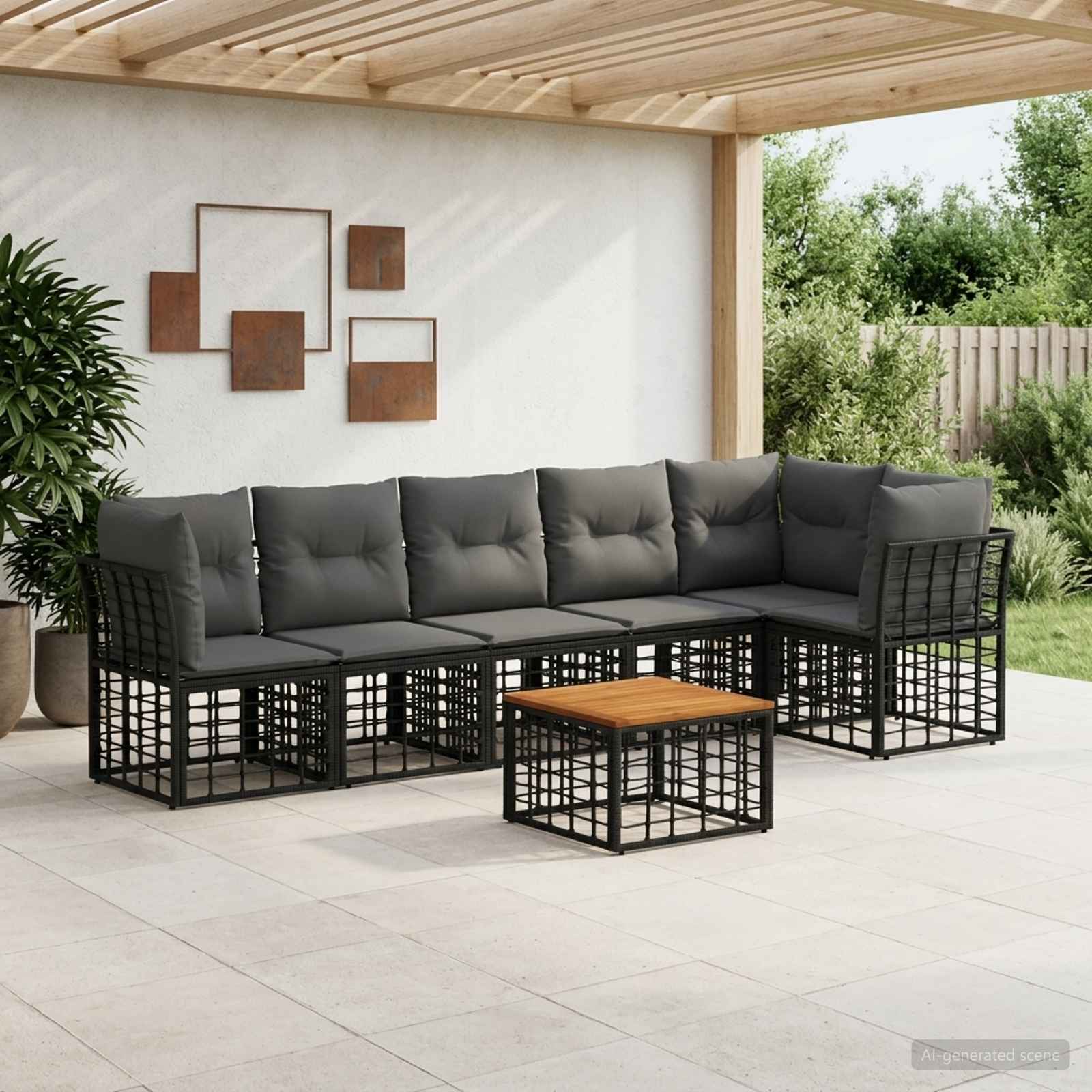 Gartensofa-set 7 stk. Schwarz und Dunkelgrau Poly-Rattan