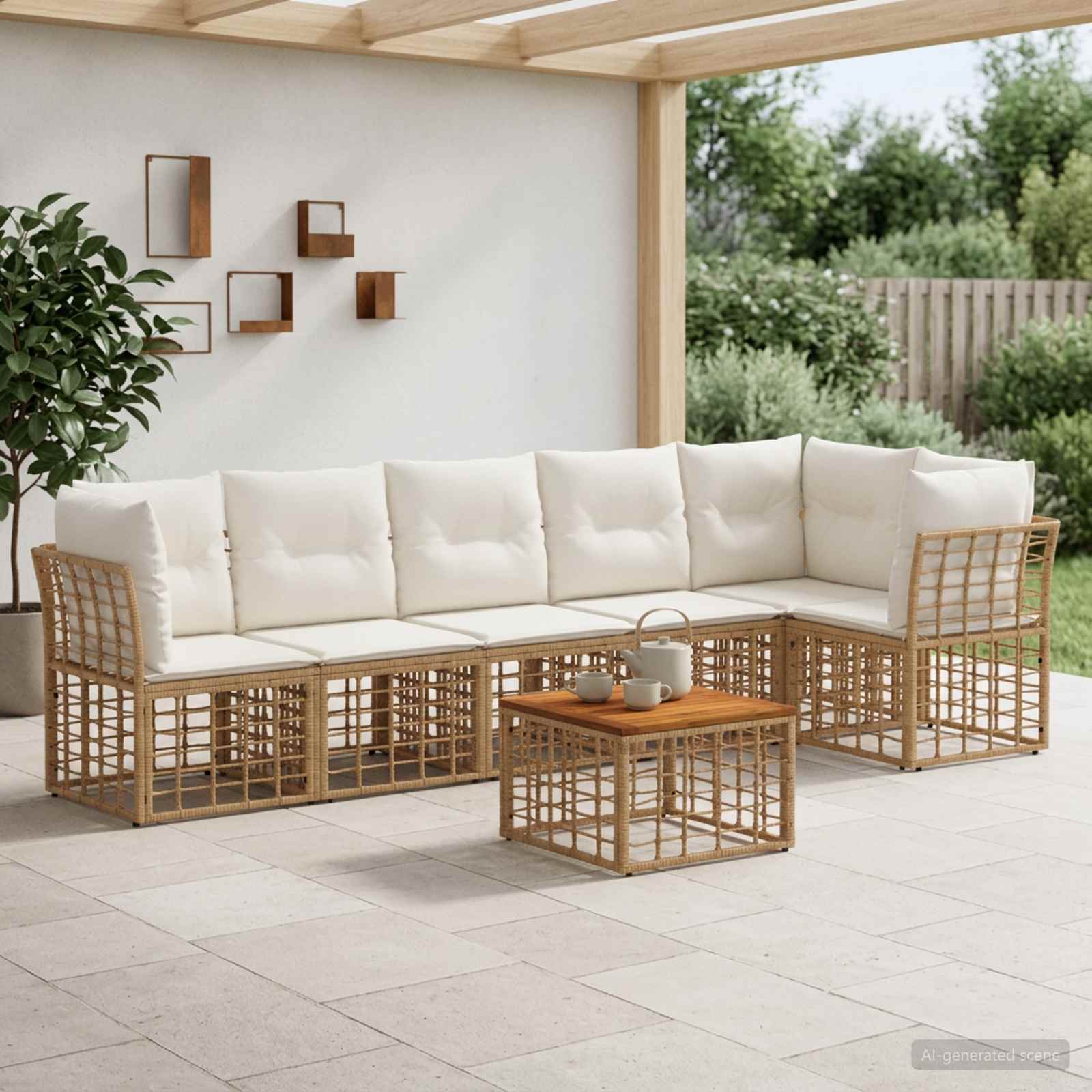 Gartensofa-set 7 pcs Natürlich und Cremweiß Poly-Rattan