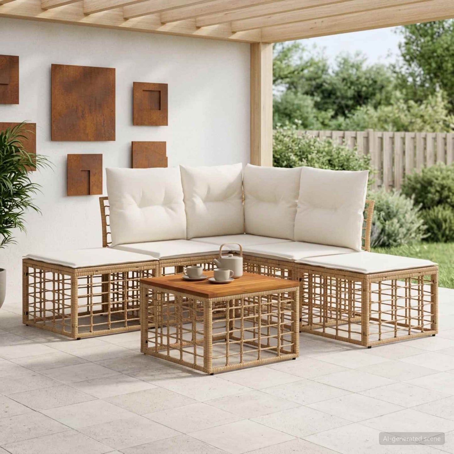 Outdoor-Sofagarnitur 6 pcs Natürlich und Cremweiß Polyester