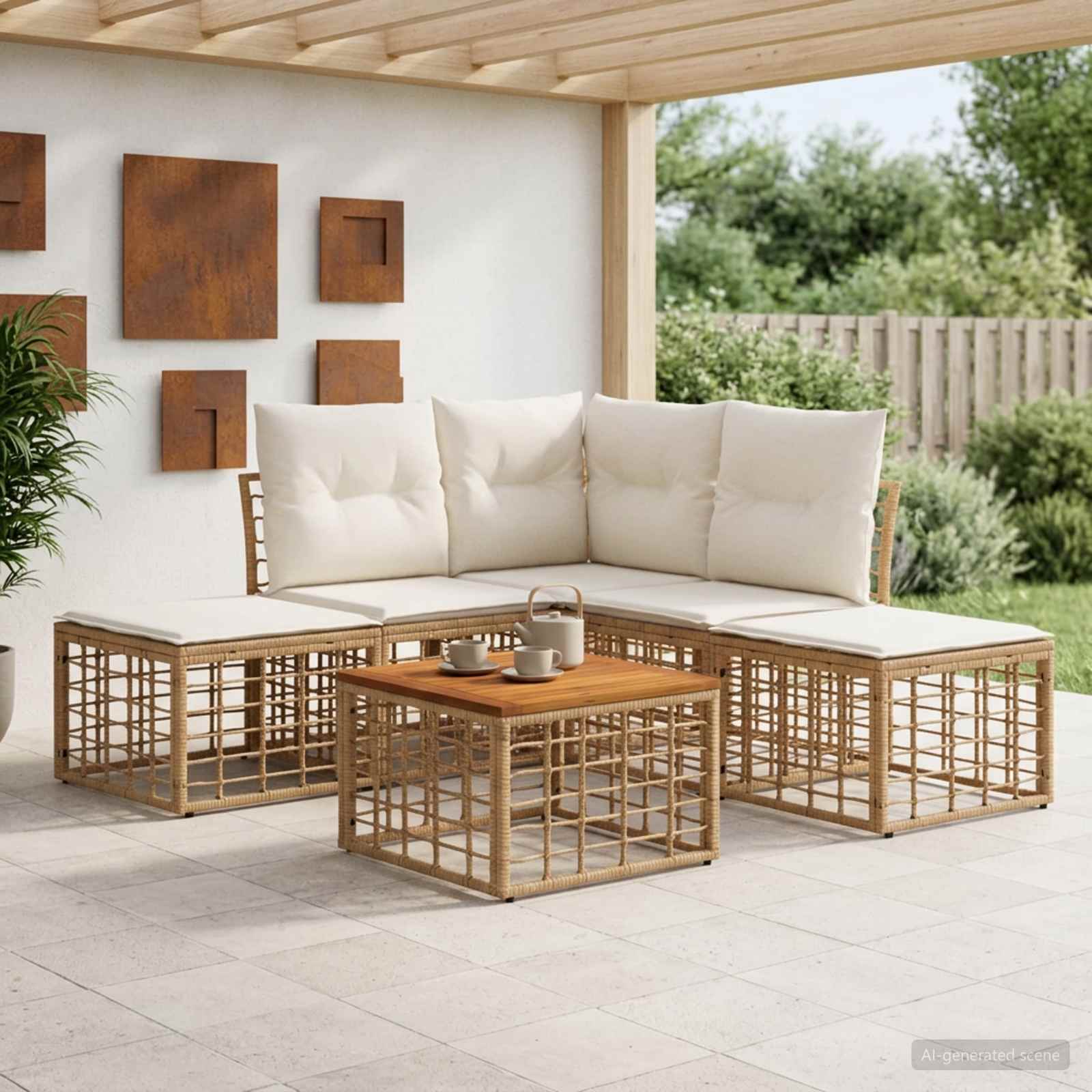 Outdoor-Sofagarnitur 6 pcs Natürlich und Cremweiß Polyester