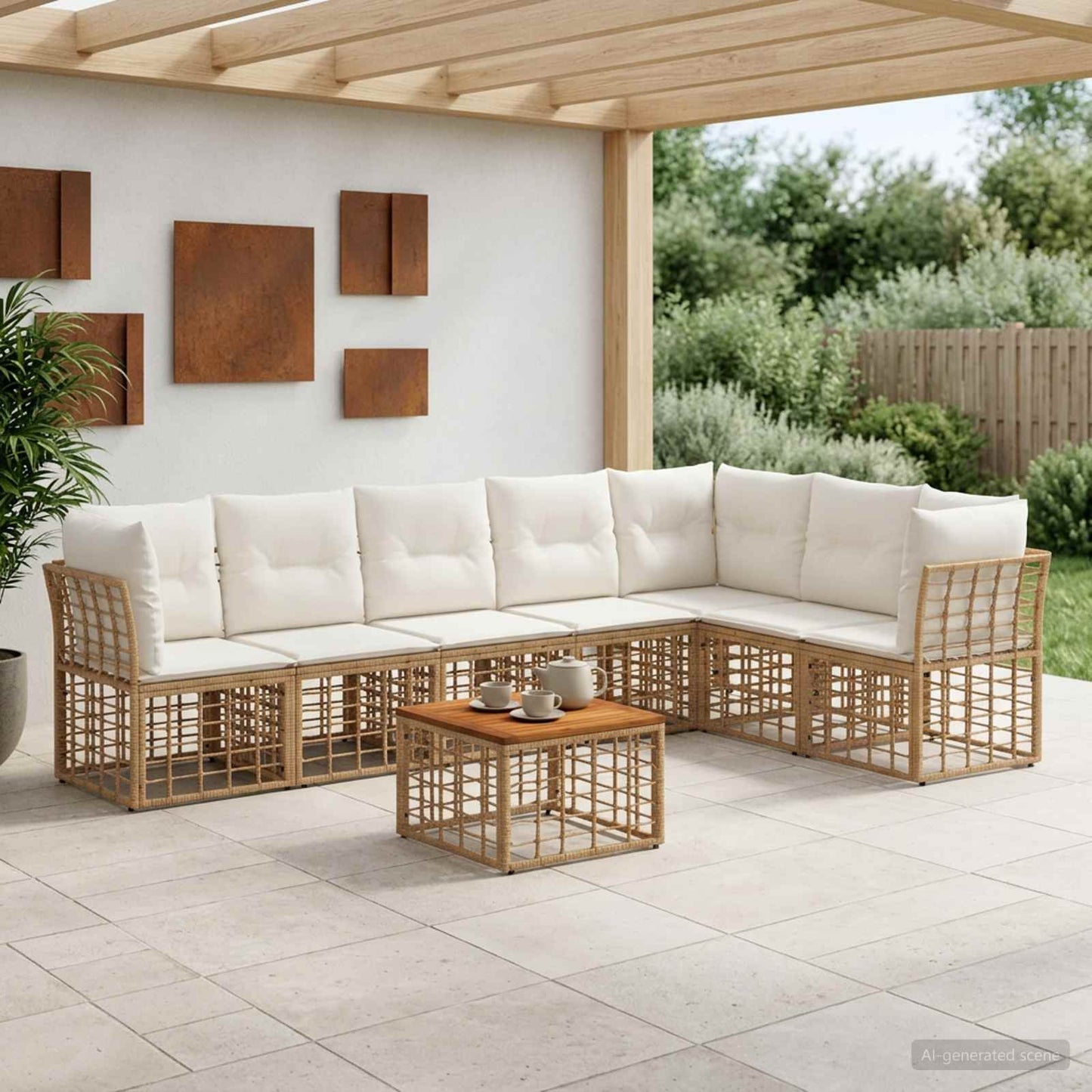 Outdoor-Sofagarnitur 8 pcs Natürlich und Cremweiß Polyester