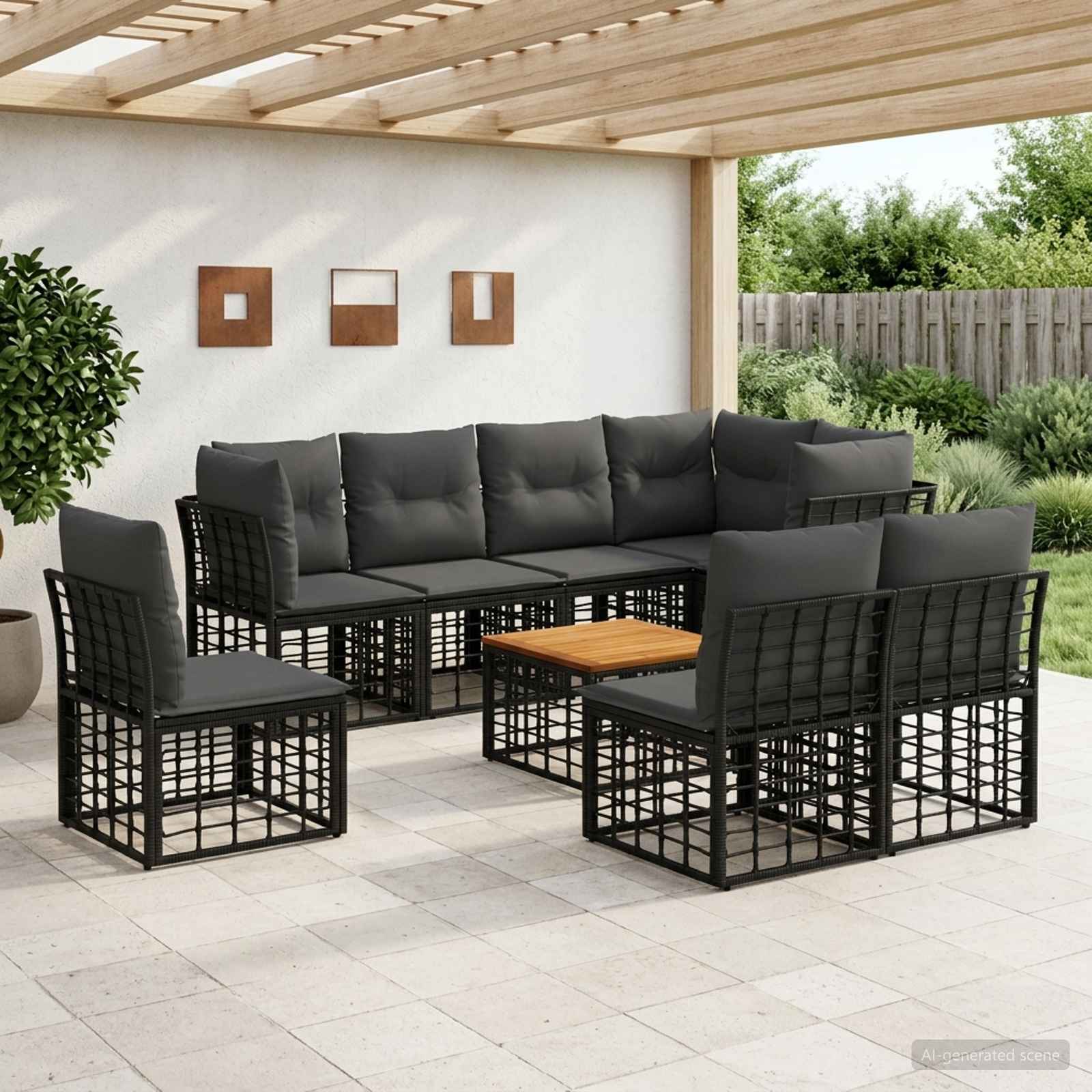 Outdoor-Sofagarnitur 9 stk. Schwarz und Dunkelgrau Polyester