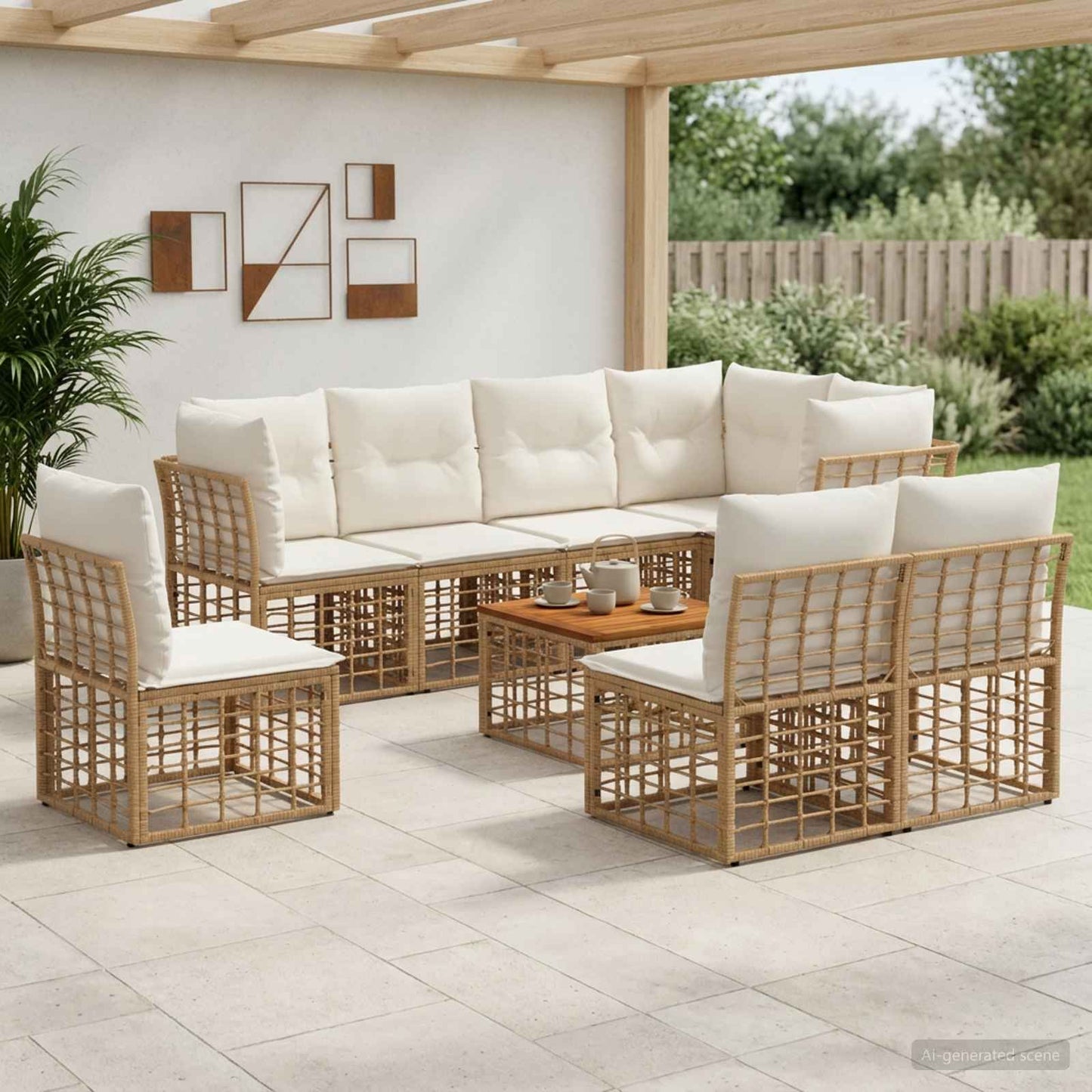Outdoor-Sofagarnitur 9 pcs Natürlich und Cremweiß Polyester