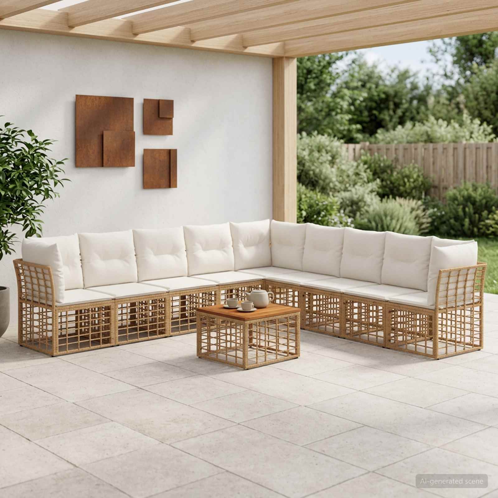 Outdoor-Sofagarnitur 10 pcs Natürlich und Cremweiß Polyester