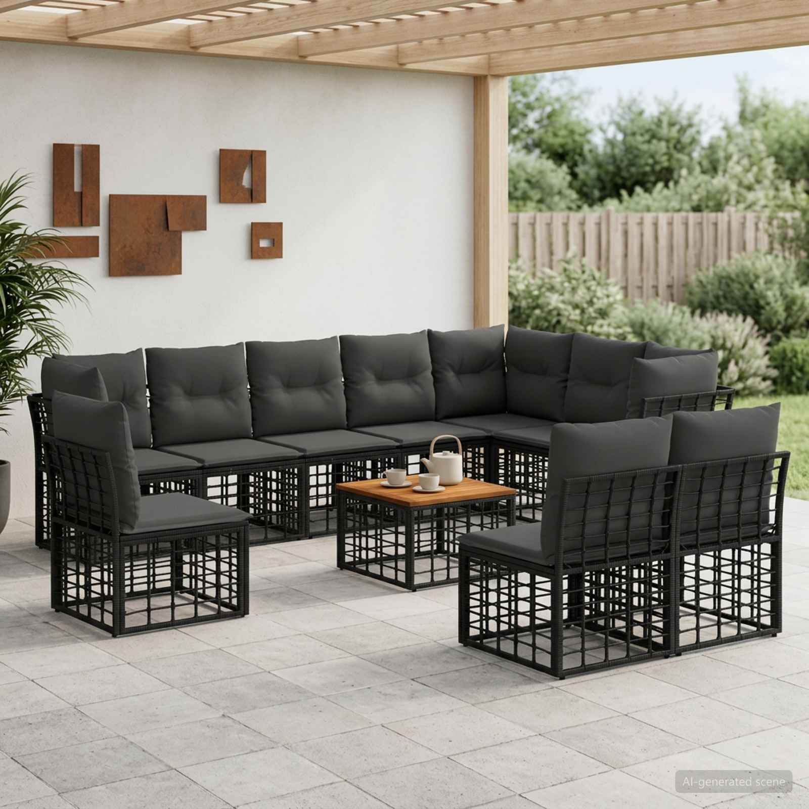 Outdoor-Sofagarnitur 11 stk. Schwarz und Dunkelgrau Polyester