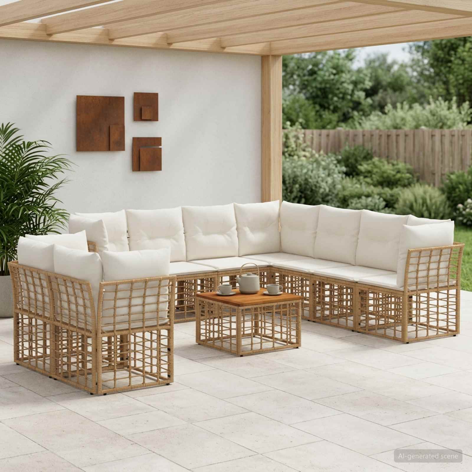 Outdoor-Sofagarnitur 10 pcs Natürlich und Cremweiß Polyester
