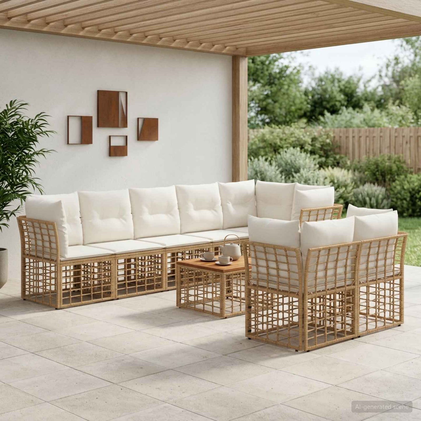 Outdoor-Sofagarnitur 9 pcs Natürlich und Cremweiß Polyester