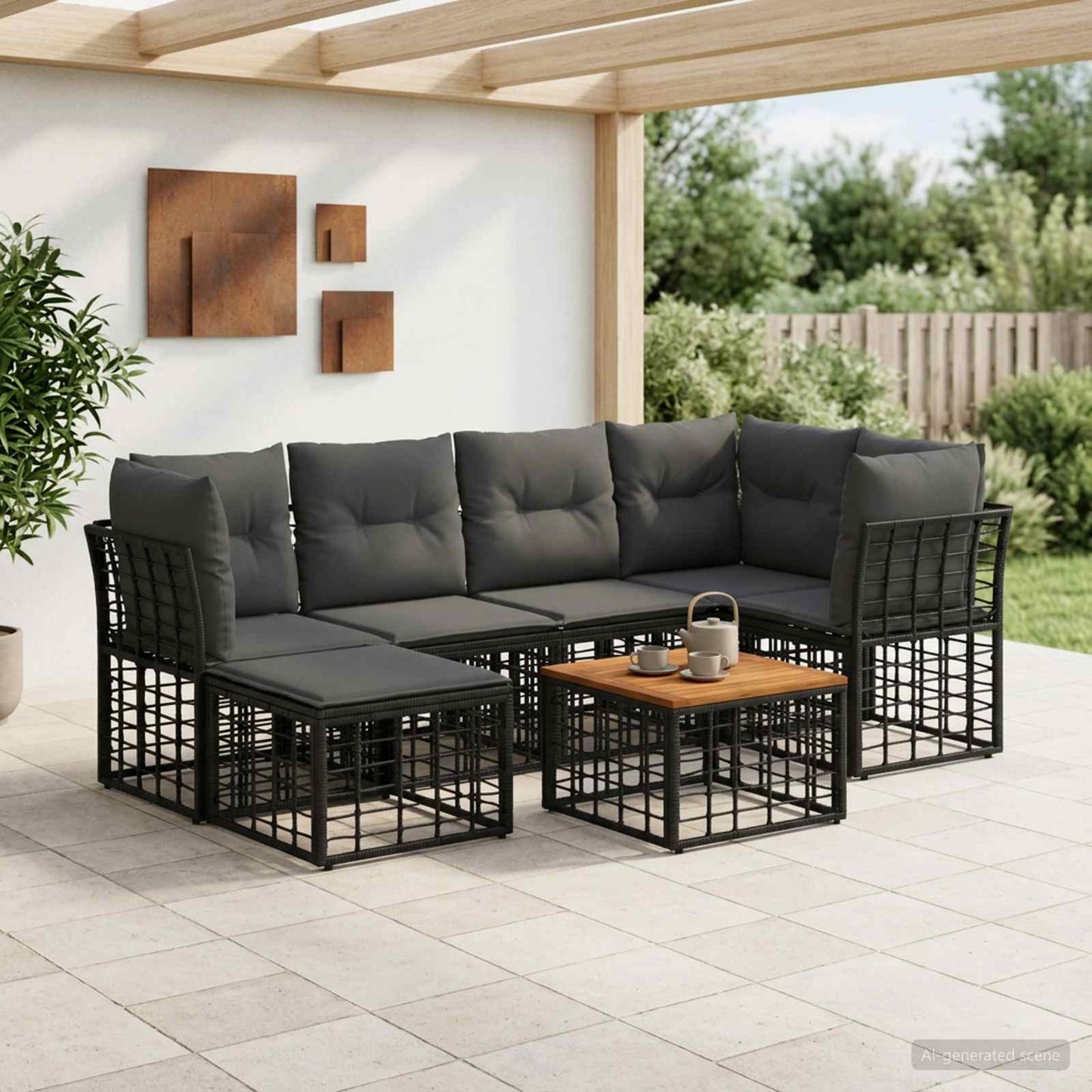 Outdoor-Sofagarnitur 7 stk. Schwarz und Dunkelgrau Polyester