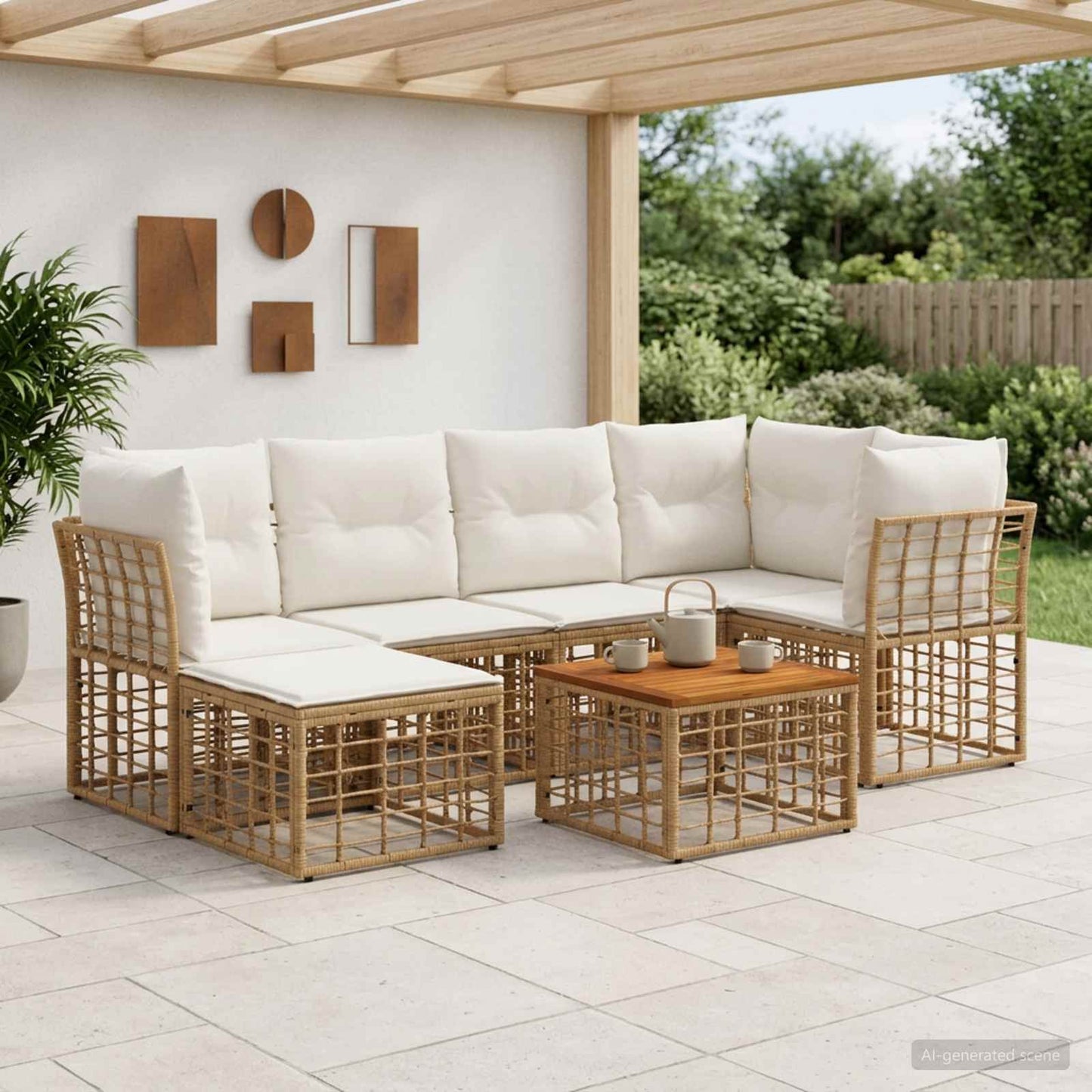 Outdoor-Sofagarnitur 7 pcs Natürlich und Cremweiß Polyester