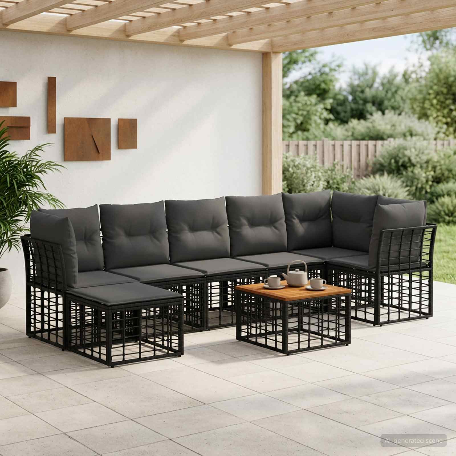 Outdoor-Sofagarnitur 8 stk. Schwarz und Dunkelgrau Polyester