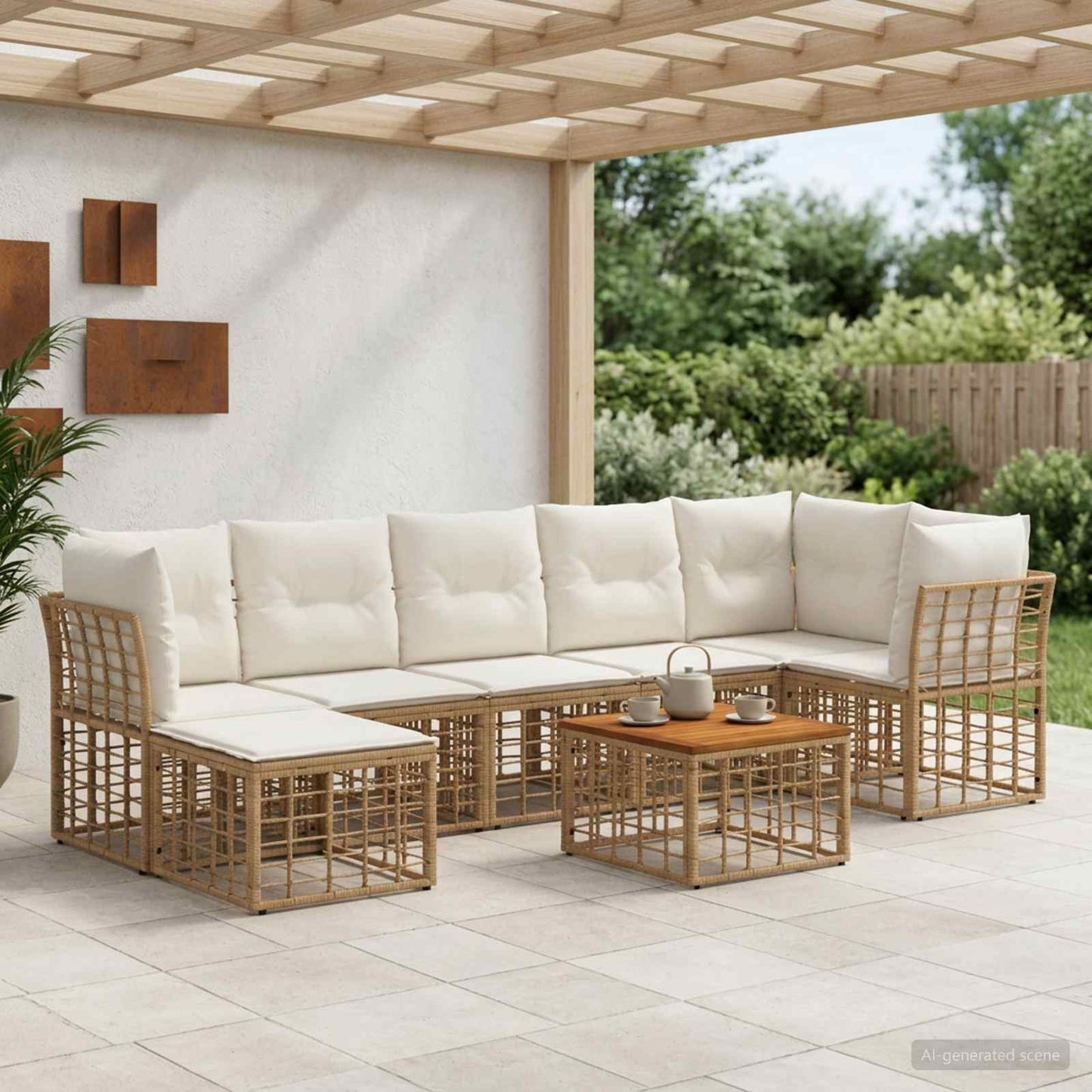 Outdoor-Sofagarnitur 8 pcs Natürlich und Cremweiß Polyester