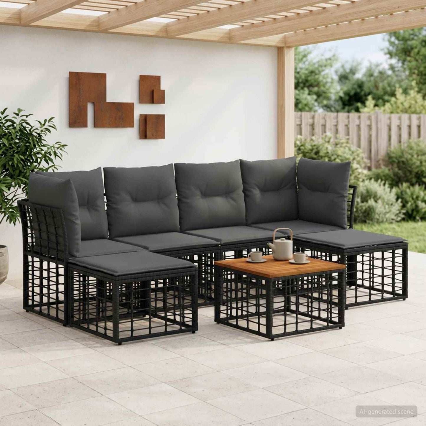 Outdoor-Sofagarnitur 7 pcs Schwarz und Dunkelgrau Polyester