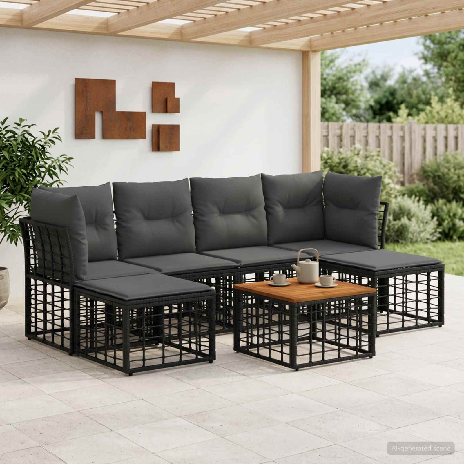 Outdoor-Sofagarnitur 7 pcs Schwarz und Dunkelgrau Polyester
