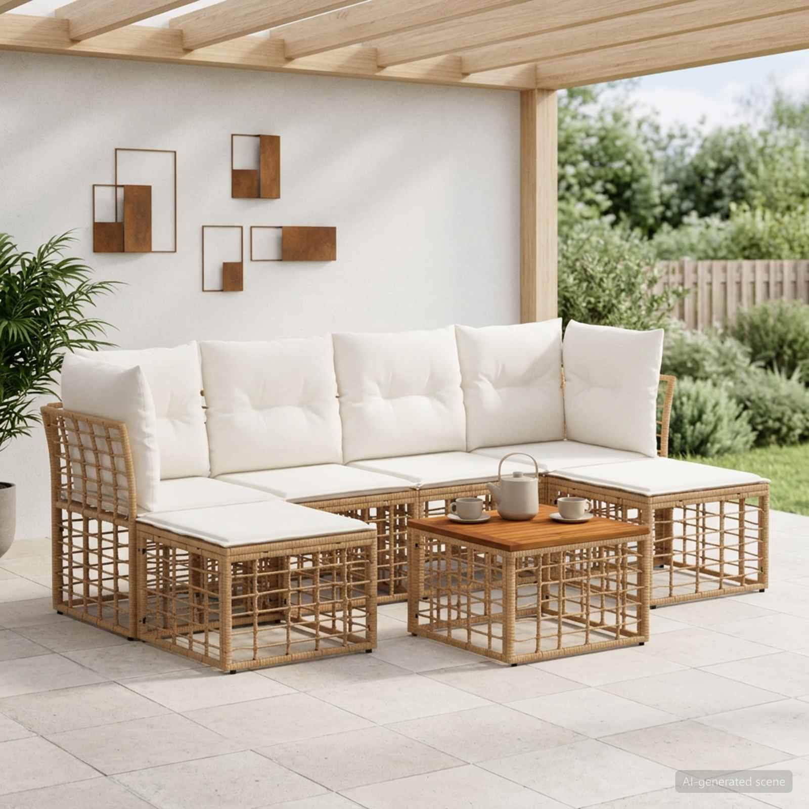 Outdoor-Sofagarnitur 7 pcs Natürlich und Cremweiß Polyester