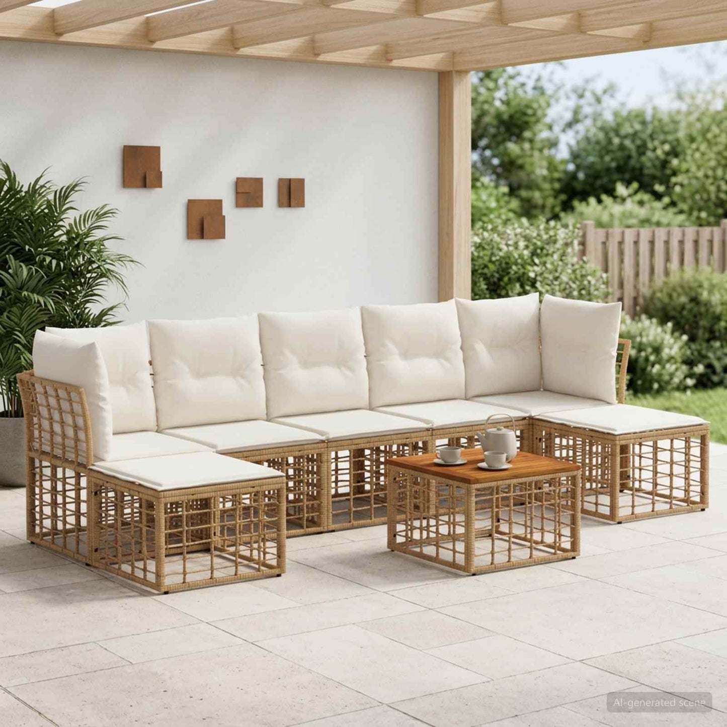 Outdoor-Sofagarnitur 8 pcs Natürlich und Cremweiß Polyester