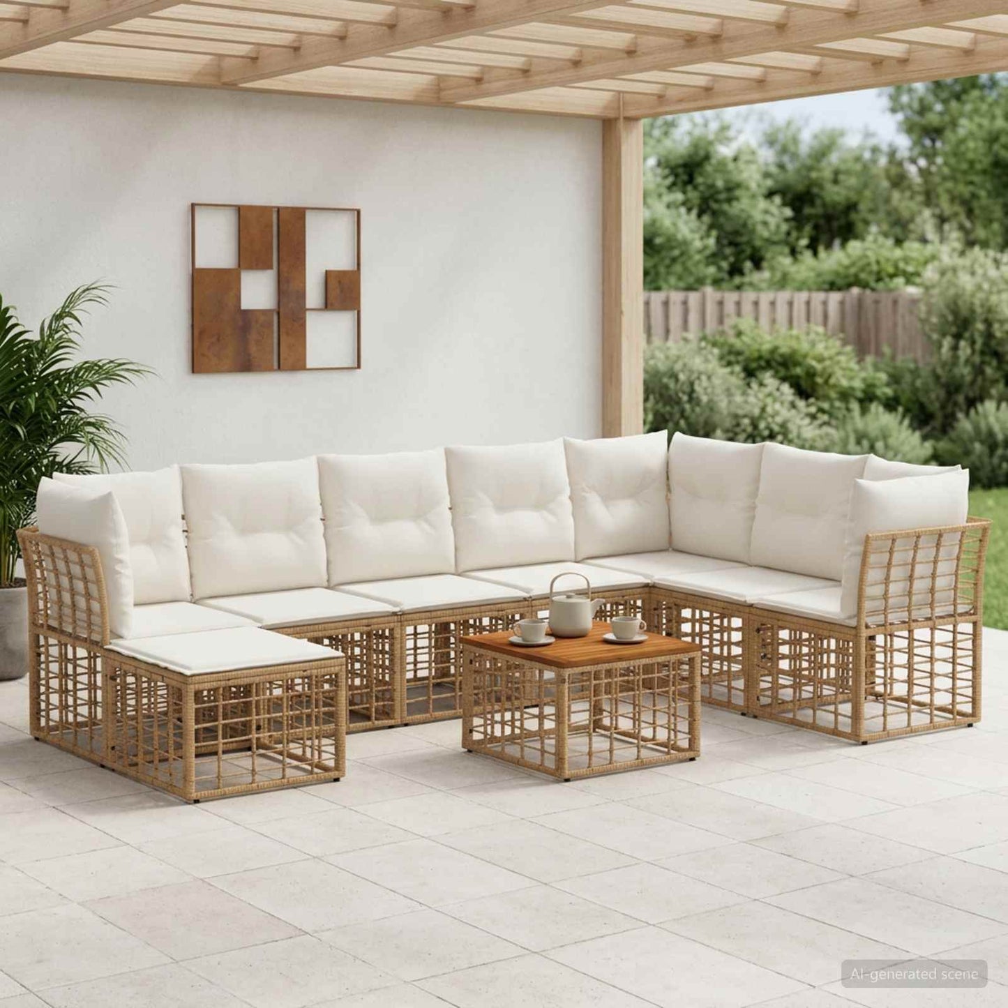 Outdoor-Sofagarnitur 9 pcs Natürlich und Cremweiß Polyester