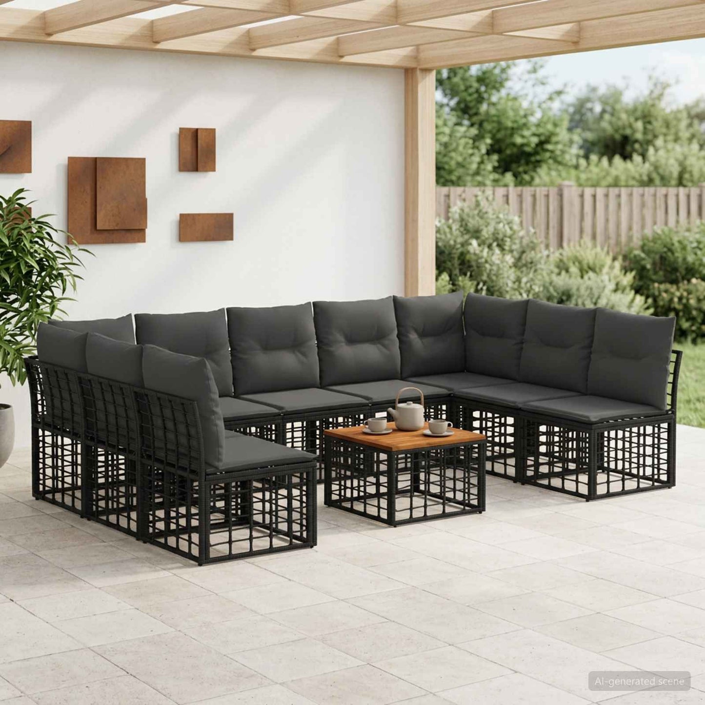 Outdoor-Sofagarnitur 10 pcs Schwarz und Dunkelgrau Polyester