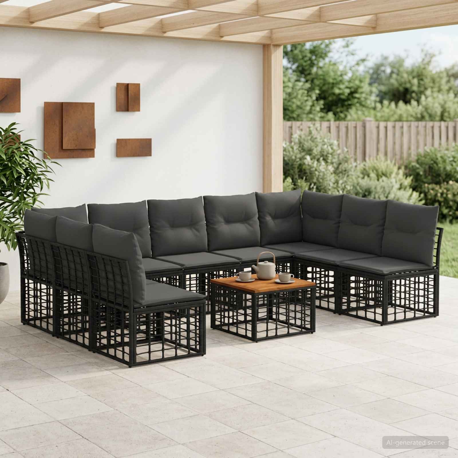 Outdoor-Sofagarnitur 10 pcs Schwarz und Dunkelgrau Polyester