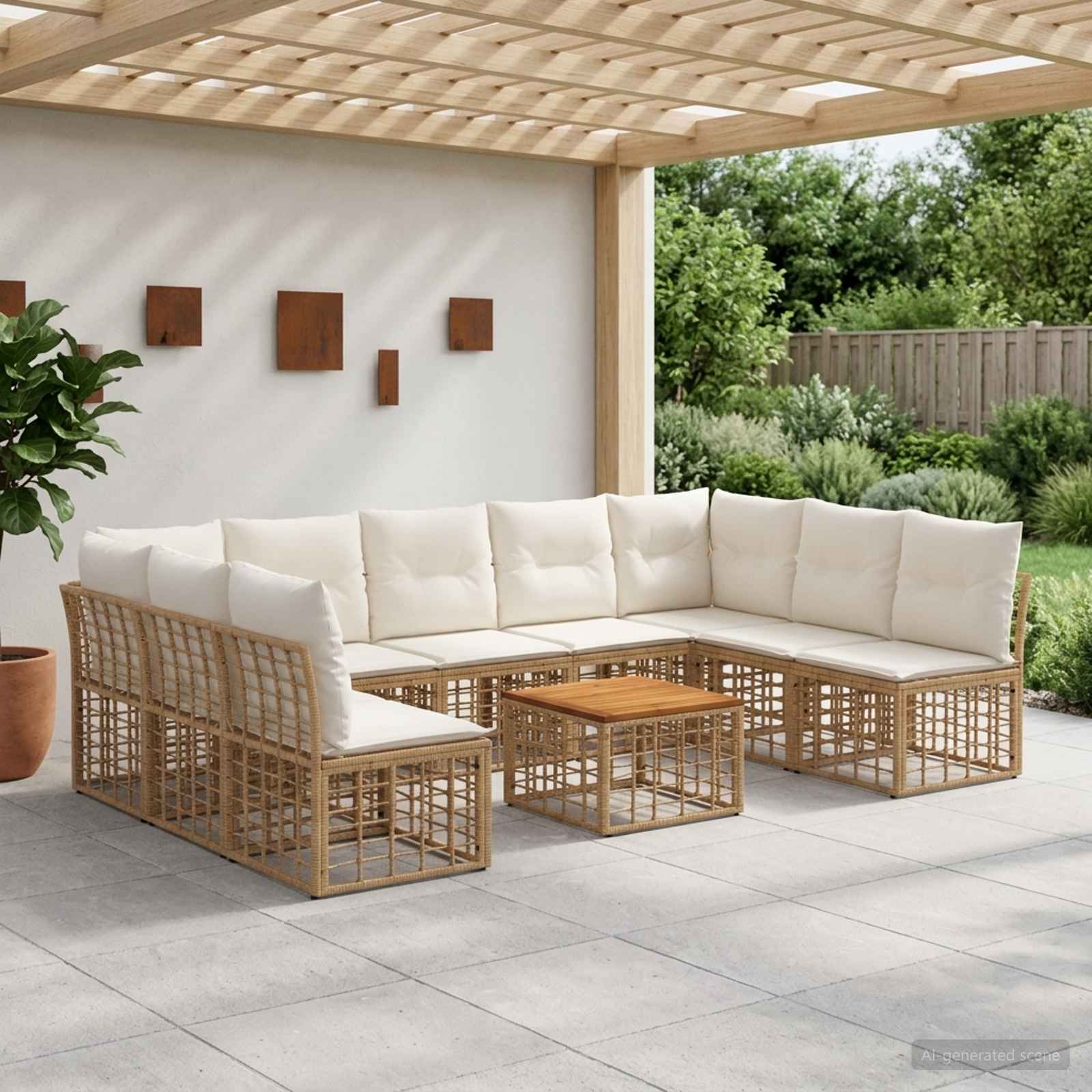 Outdoor-Sofagarnitur 10 pcs Natürlich und Cremweiß Polyester