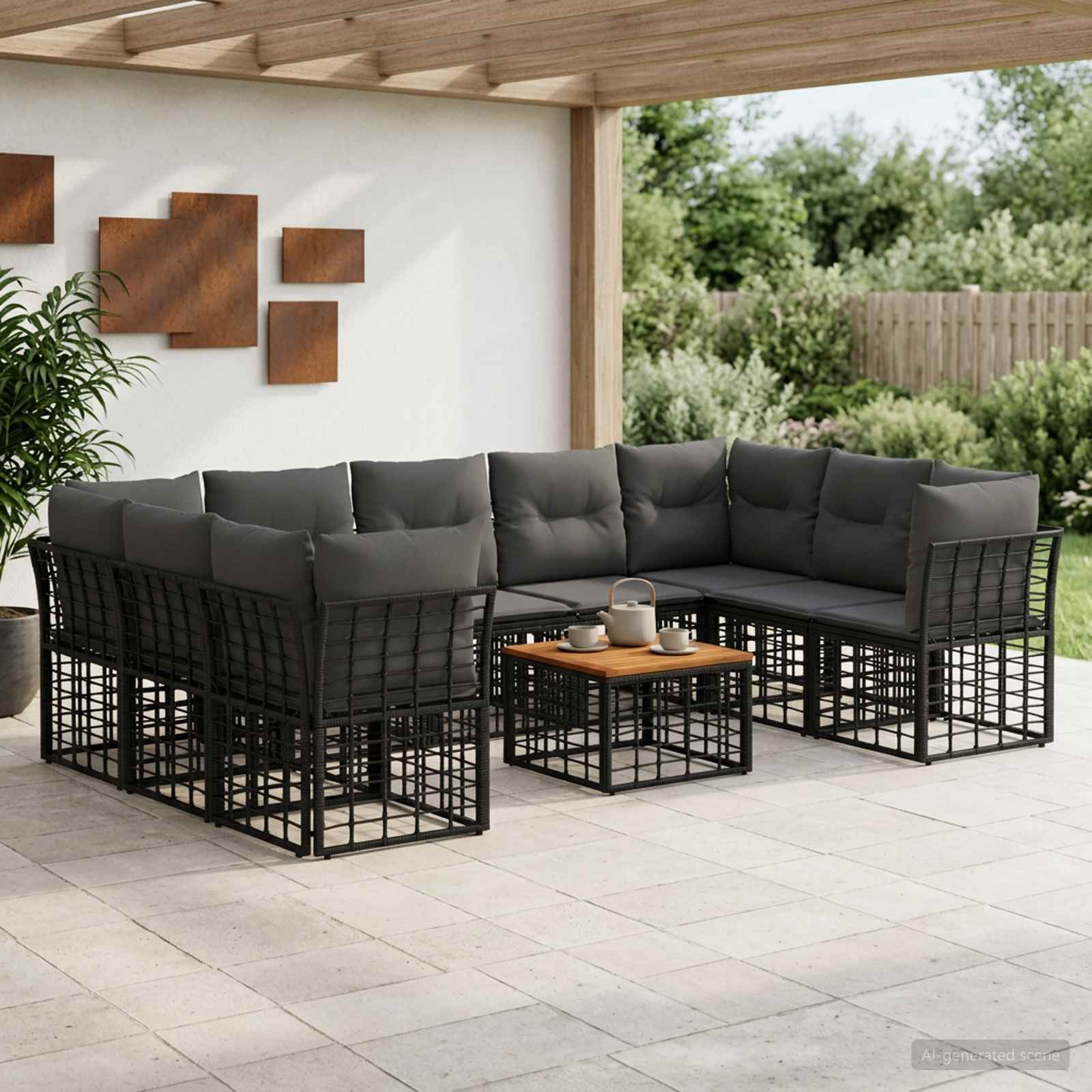 Outdoor-Sofagarnitur 10 pcs Schwarz und Dunkelgrau Polyester
