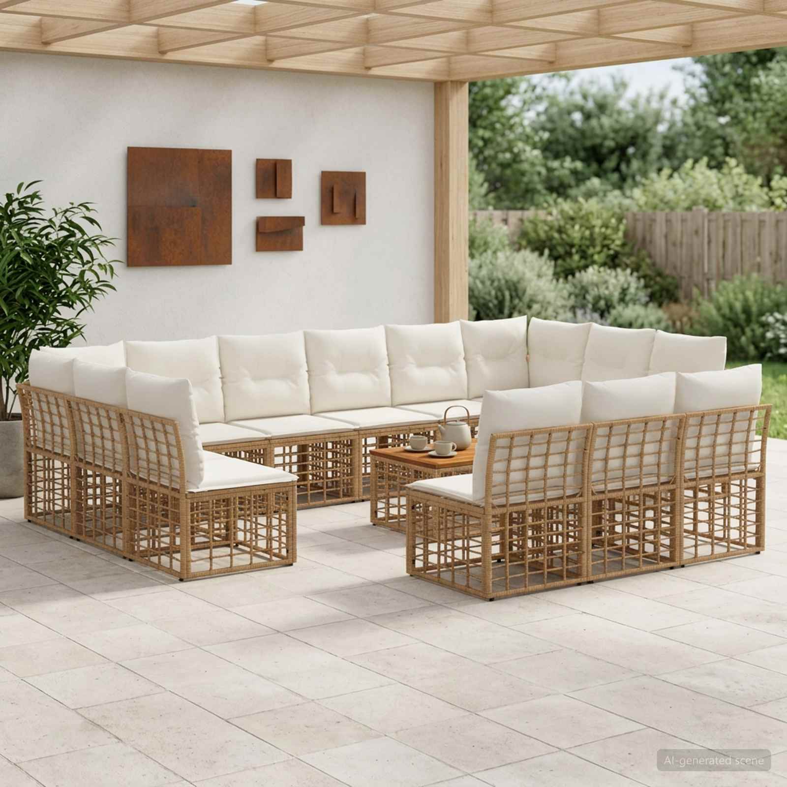 Outdoor-Sofagarnitur 14 pcs Natürlich und Cremweiß Polyester
