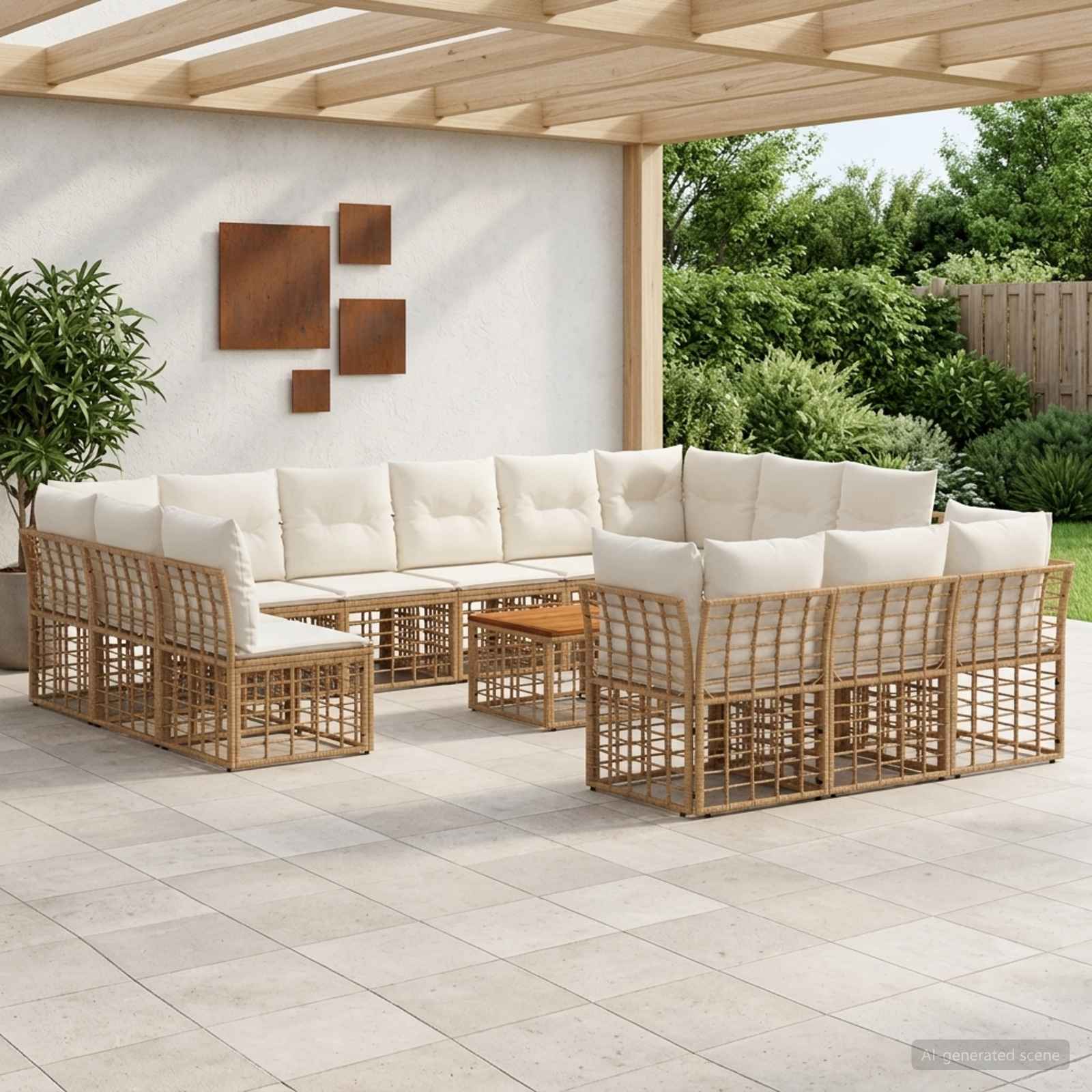 Outdoor-Sofagarnitur 14 pcs Natürlich und Cremweiß Polyester