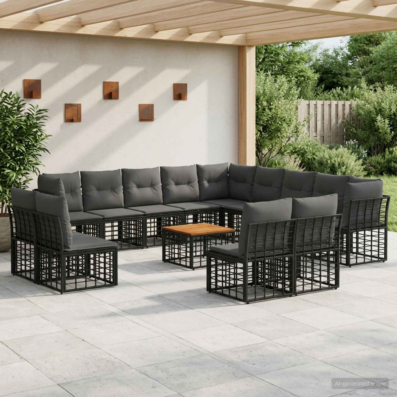Outdoor-Sofagarnitur 14 pcs Schwarz und Dunkelgrau Polyester