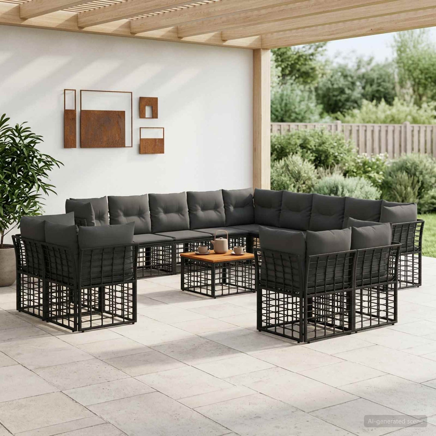 Outdoor-Sofagarnitur 14 pcs Schwarz und Dunkelgrau Polyester