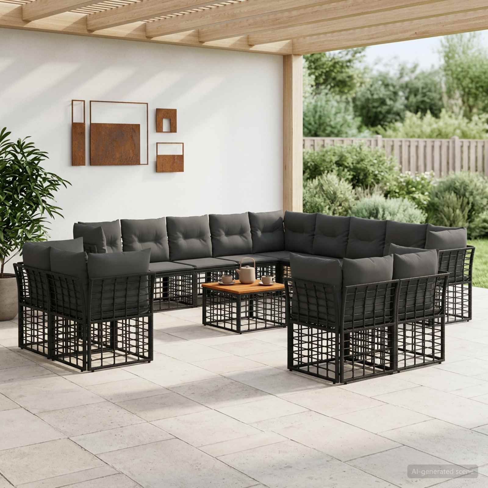 Outdoor-Sofagarnitur 14 pcs Schwarz und Dunkelgrau Polyester