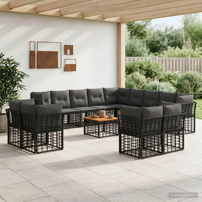 Outdoor-Sofagarnitur 14 stk. Schwarz und Dunkelgrau Polyester