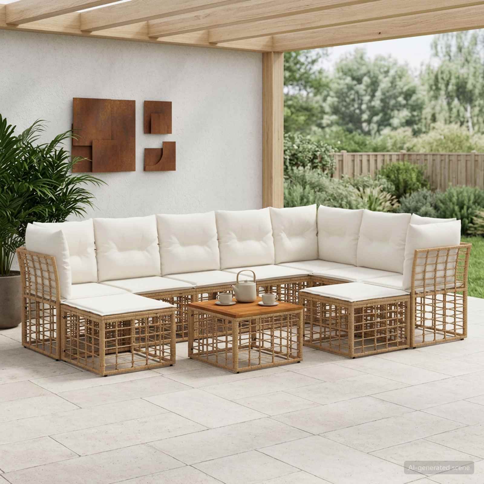 Outdoor-Sofagarnitur 10 pcs Natürlich und Cremweiß Polyester