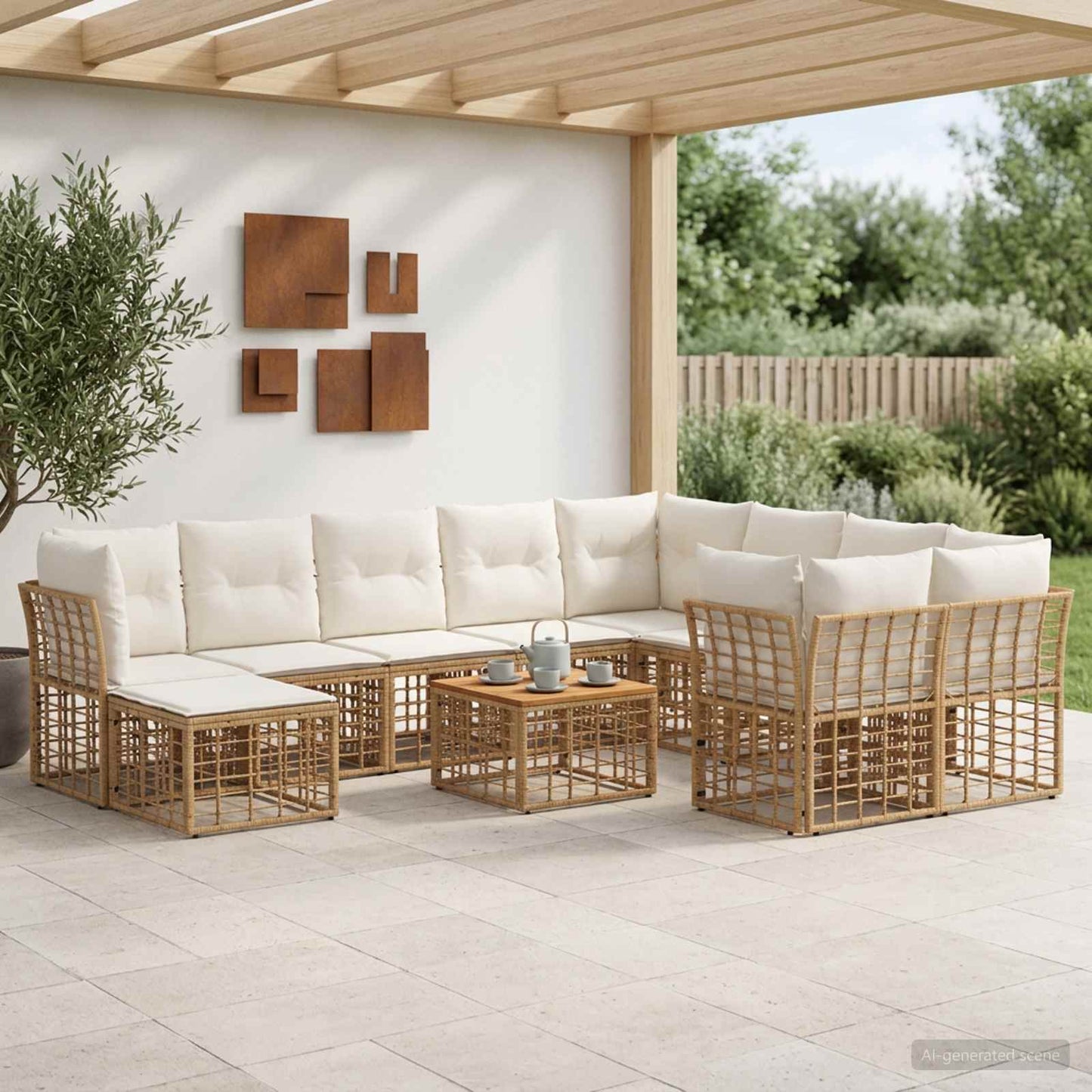 Outdoor-Sofagarnitur 11 stk. Natürlich und Cremweiß Poly-Rattan
